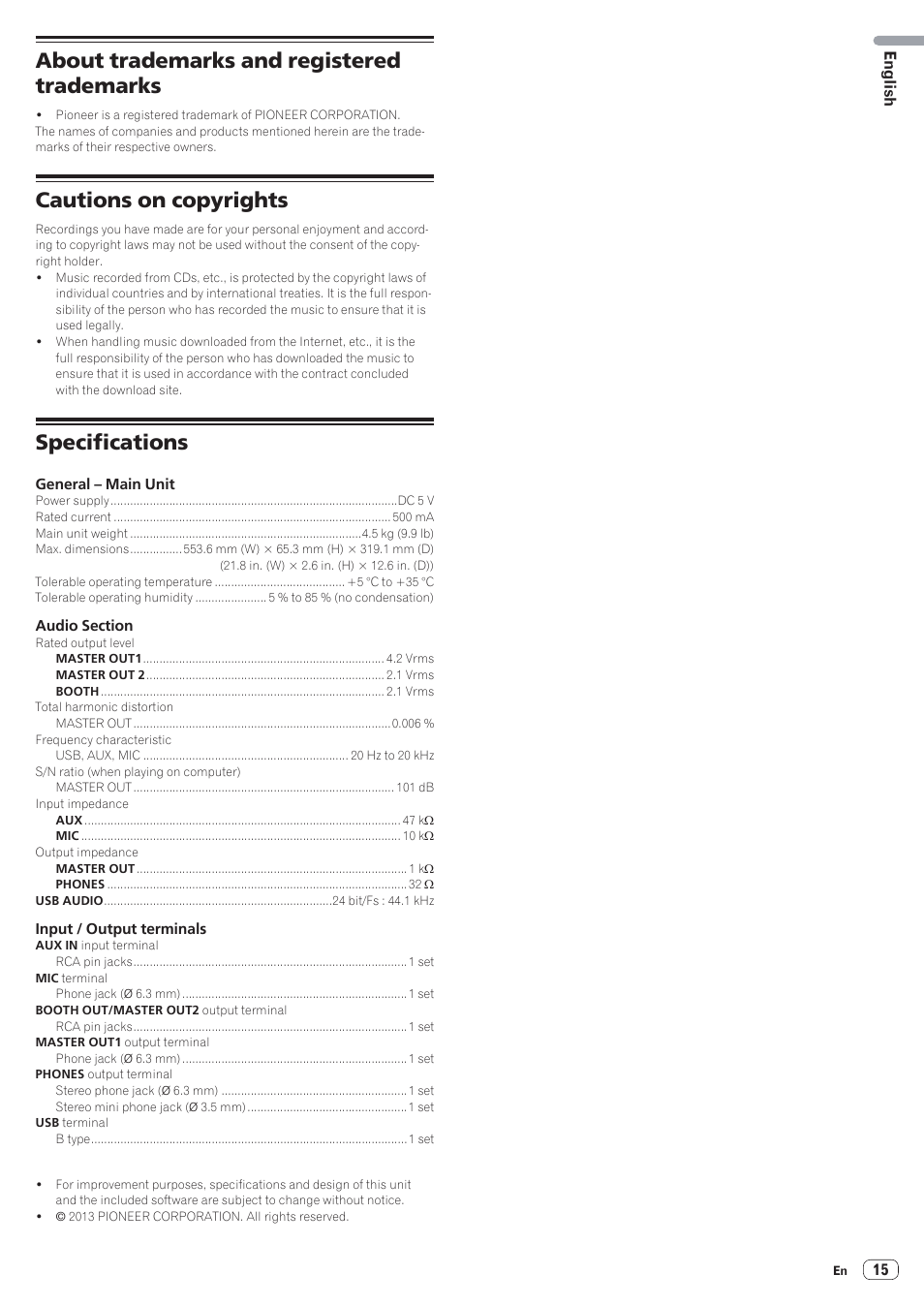 About trademarks and registered trademarks, Cautions on copyrights, Specifications | Pioneer DDJ-SR User Manual | Page 15 / 68