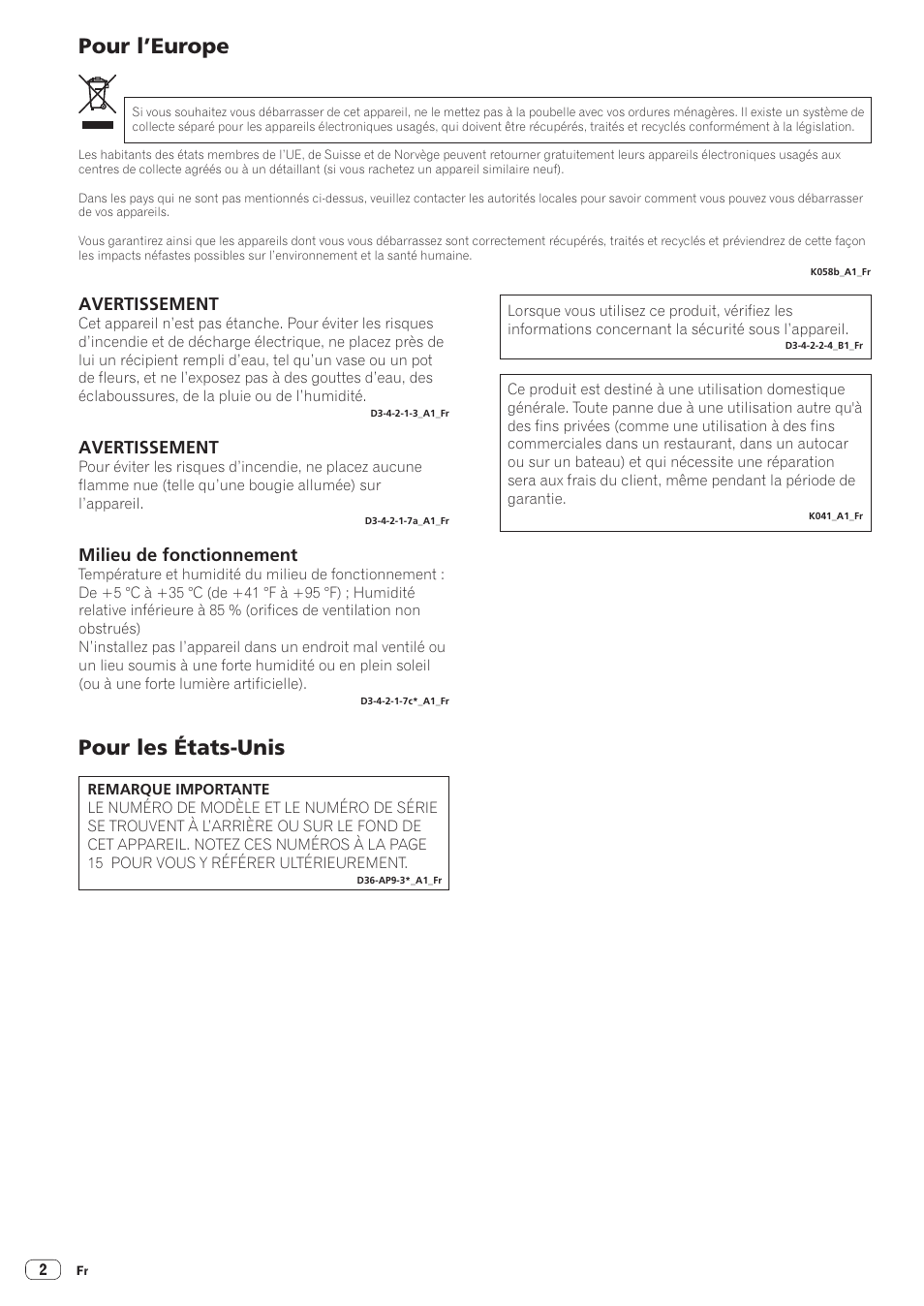 Contrôleur pour dj, Pour les états-unis pour l’europe, Milieu de fonctionnement | Avertissement | Pioneer DDJ-SR User Manual | Page 18 / 68