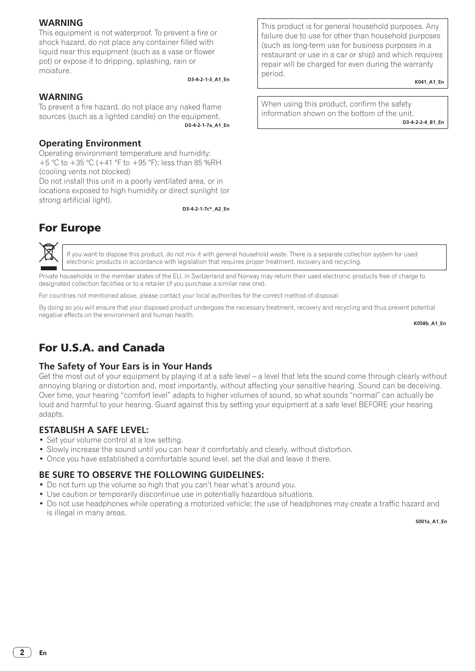 Dj controller, Read before use (important)/quick start guide, For u.s.a. and canada | For europe, Warning, Operating environment, The safety of your ears is in your hands, Establish a safe level, Be sure to observe the following guidelines | Pioneer DDJ-SR User Manual | Page 2 / 68