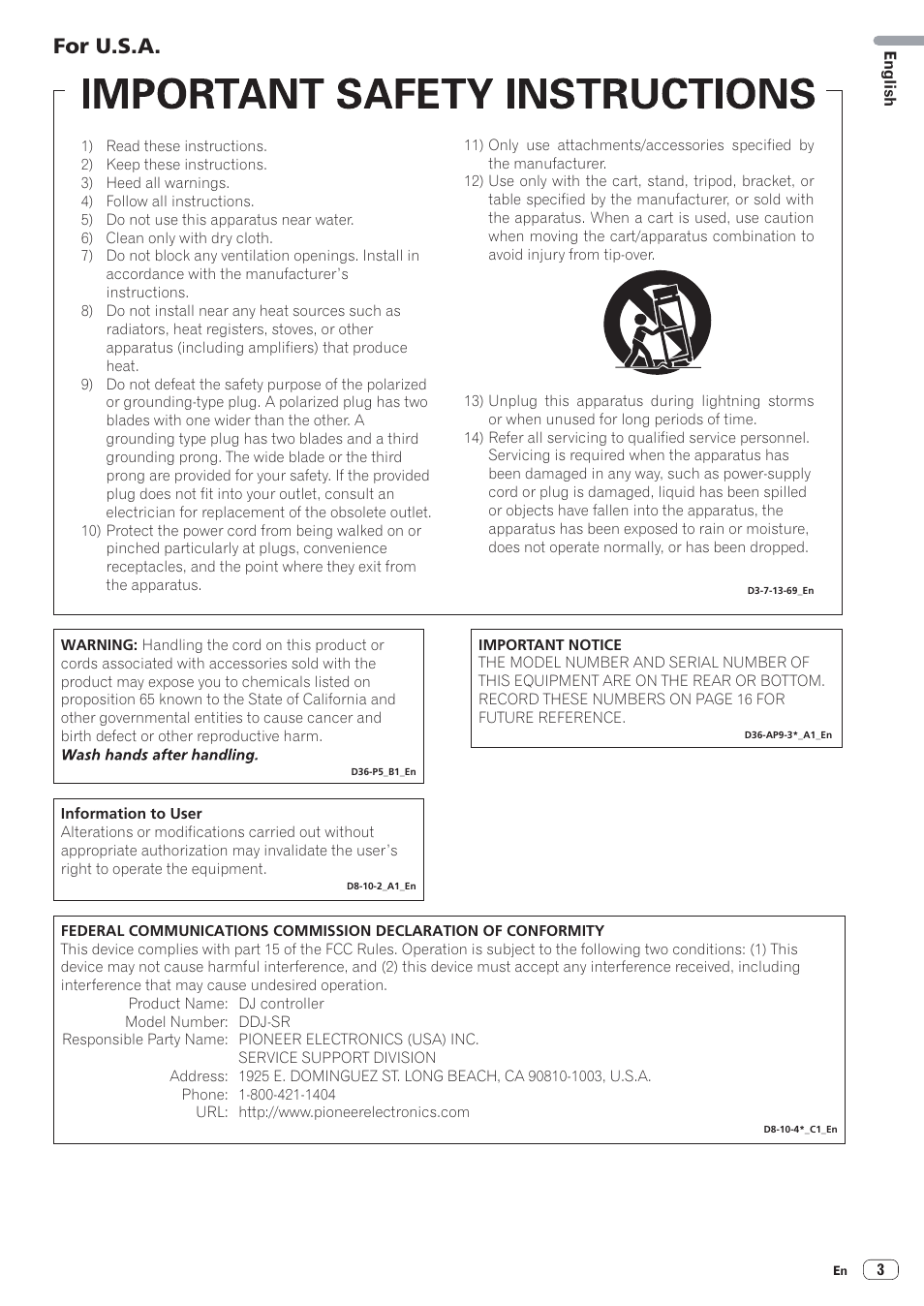 For u.s.a | Pioneer DDJ-SR User Manual | Page 3 / 68