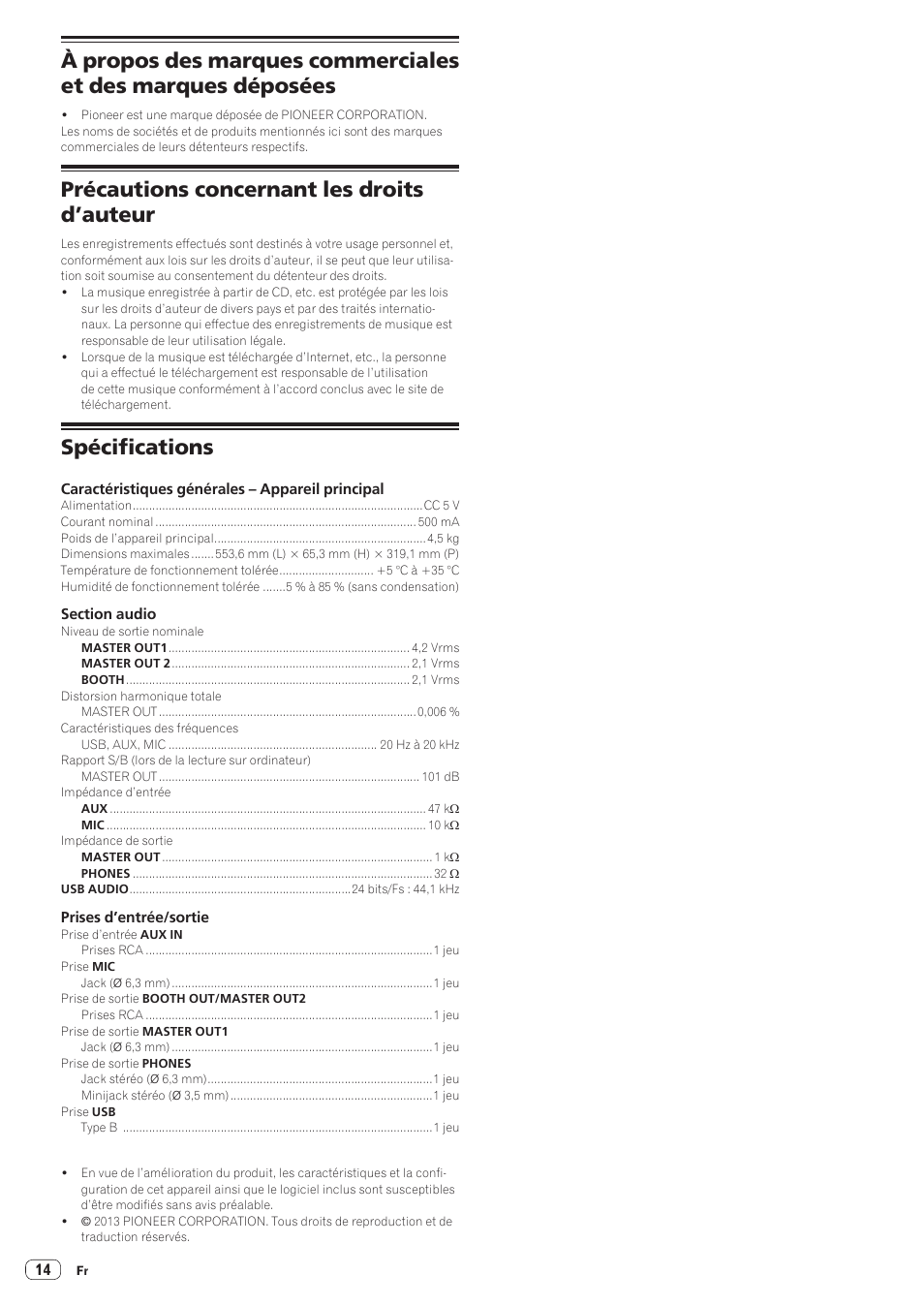 Précautions concernant les droits d’auteur, Spécifications | Pioneer DDJ-SR User Manual | Page 30 / 68