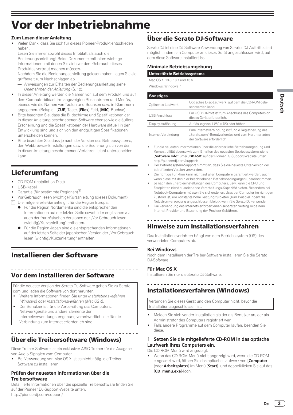 Vor der inbetriebnahme, Lieferumfang, Installieren der software | Vor dem installieren der software, Über die treibersoftware (windows), Über die serato dj-software, Hinweise zum installationsverfahren, Installationsverfahren (windows) | Pioneer DDJ-SR User Manual | Page 33 / 68