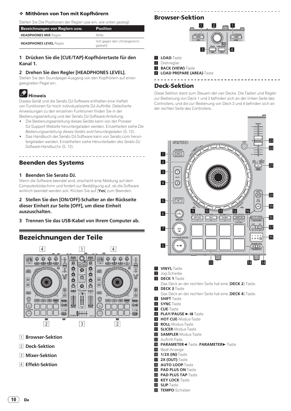 Bezeichnungen der teile, Beenden des systems, Browser-sektion | Deck-sektion | Pioneer DDJ-SR User Manual | Page 40 / 68