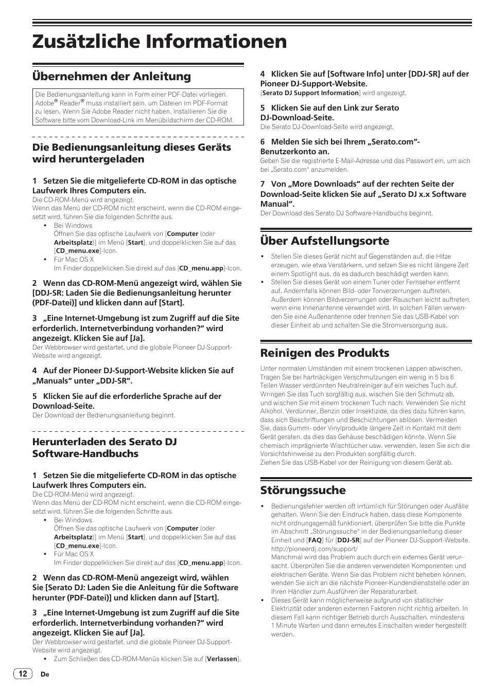 Zusätzliche informationen, Übernehmen der anleitung, Über aufstellungsorte | Reinigen des produkts, Störungssuche, Herunterladen des serato dj software-handbuchs | Pioneer DDJ-SR User Manual | Page 42 / 68