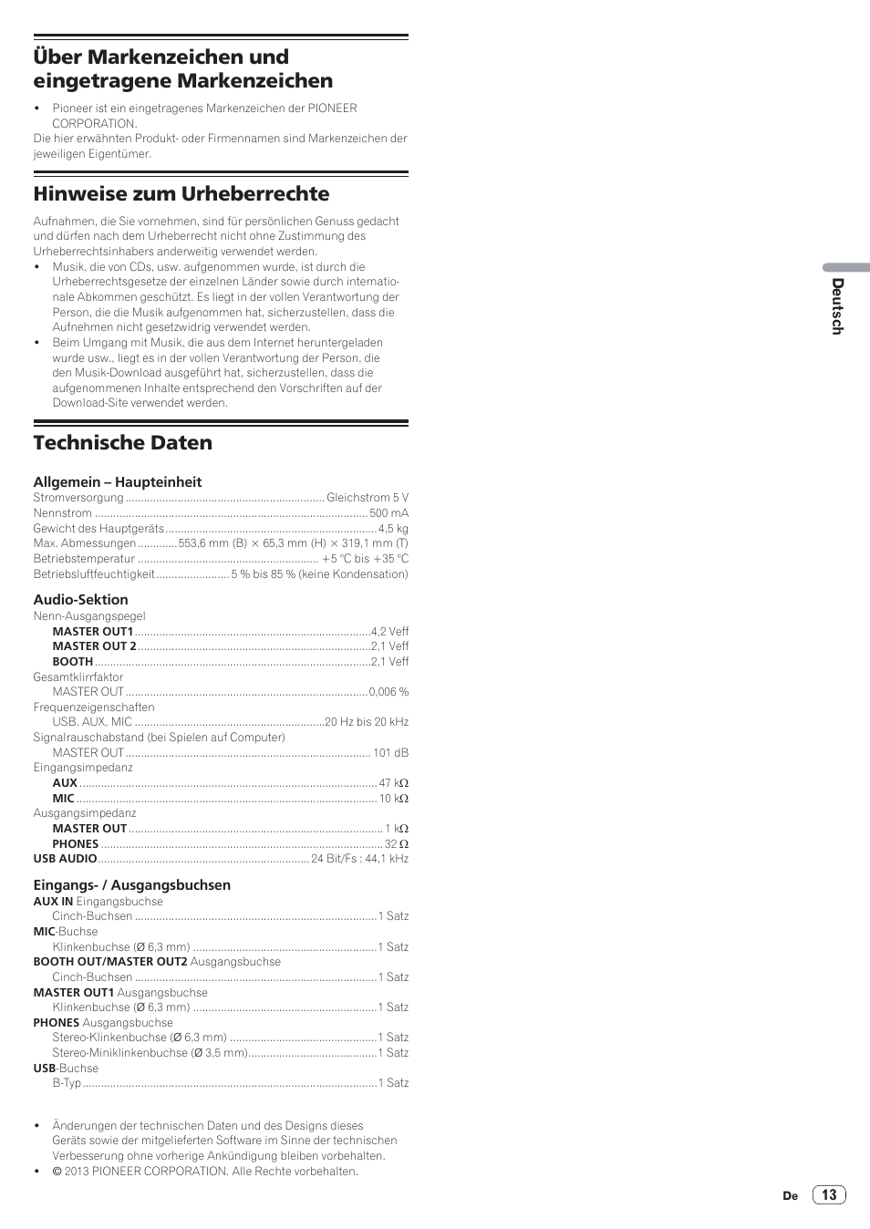 Über markenzeichen und eingetragene markenzeichen, Hinweise zum urheberrechte, Technische daten | Pioneer DDJ-SR User Manual | Page 43 / 68