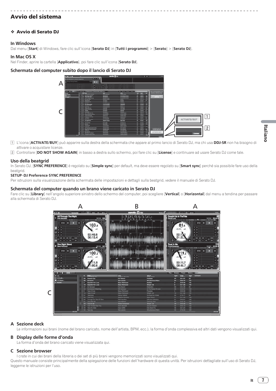 Ac b, Avvio del sistema | Pioneer DDJ-SR User Manual | Page 49 / 68