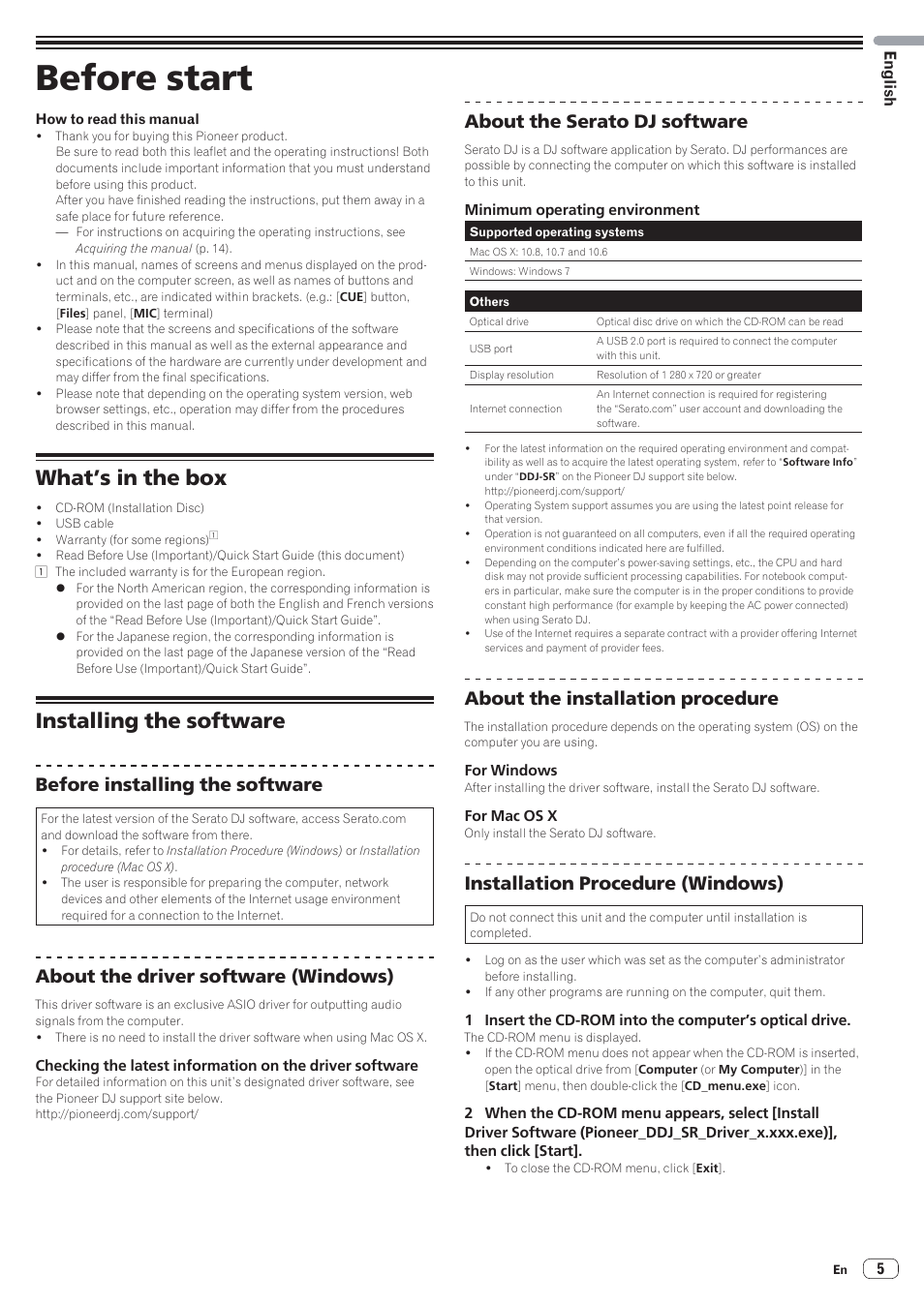 Before start, What’s in the box, Installing the software | Before installing the software, About the driver software (windows), About the serato dj software, About the installation procedure, Installation procedure (windows) | Pioneer DDJ-SR User Manual | Page 5 / 68