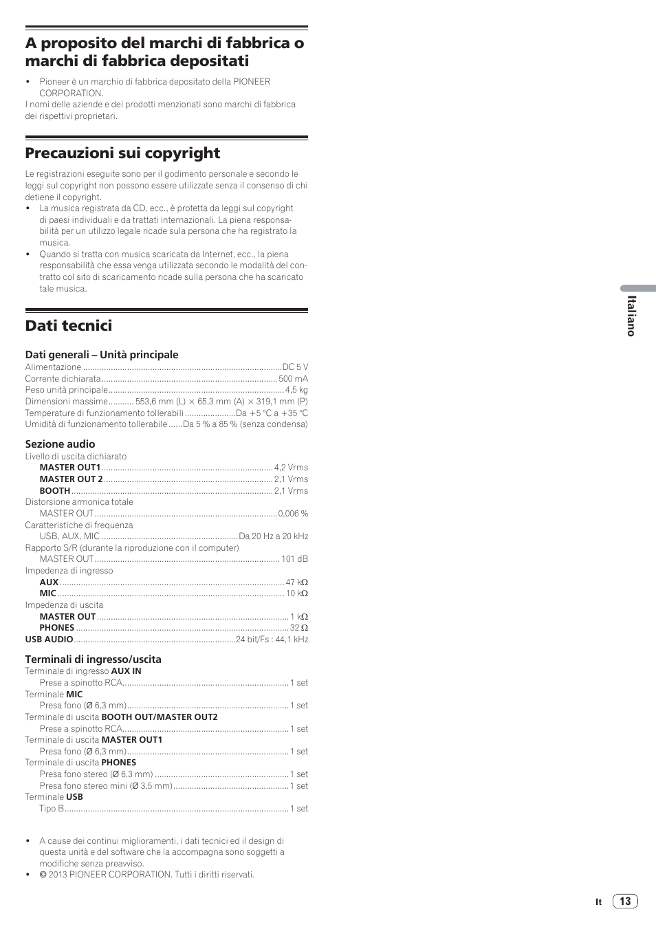 Precauzioni sui copyright, Dati tecnici | Pioneer DDJ-SR User Manual | Page 55 / 68