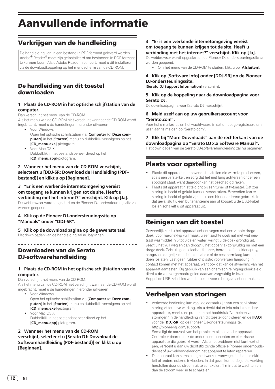 Aanvullende informatie, Verkrijgen van de handleiding, Plaats voor opstelling | Reinigen van dit toestel, Verhelpen van storingen, De handleiding van dit toestel downloaden, Downloaden van de serato dj-softwarehandleiding | Pioneer DDJ-SR User Manual | Page 66 / 68