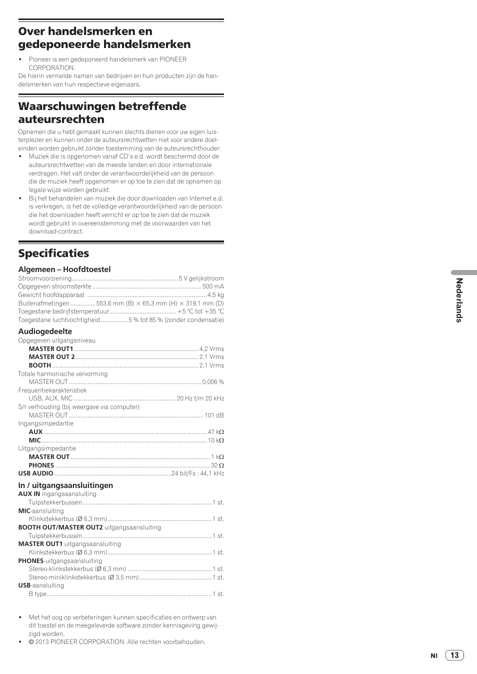 Over handelsmerken en gedeponeerde handelsmerken, Waarschuwingen betreffende auteursrechten, Specificaties | Pioneer DDJ-SR User Manual | Page 67 / 68