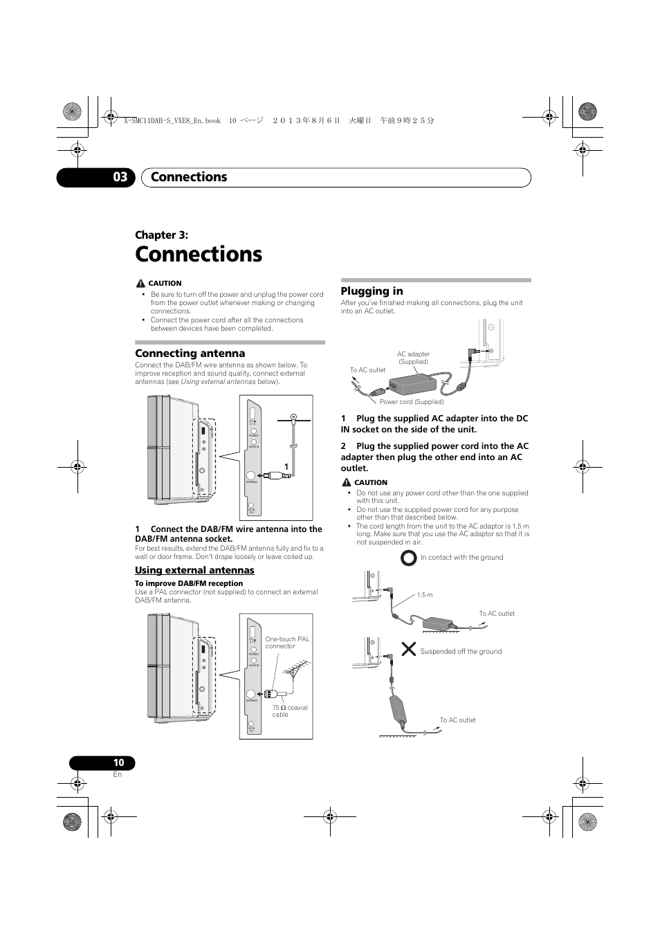 03 connections, Connecting antenna, Using external antennas | Plugging in, Connections, Connections 03, Chapter 3 | Pioneer X-SMC11DAB-S User Manual | Page 10 / 32