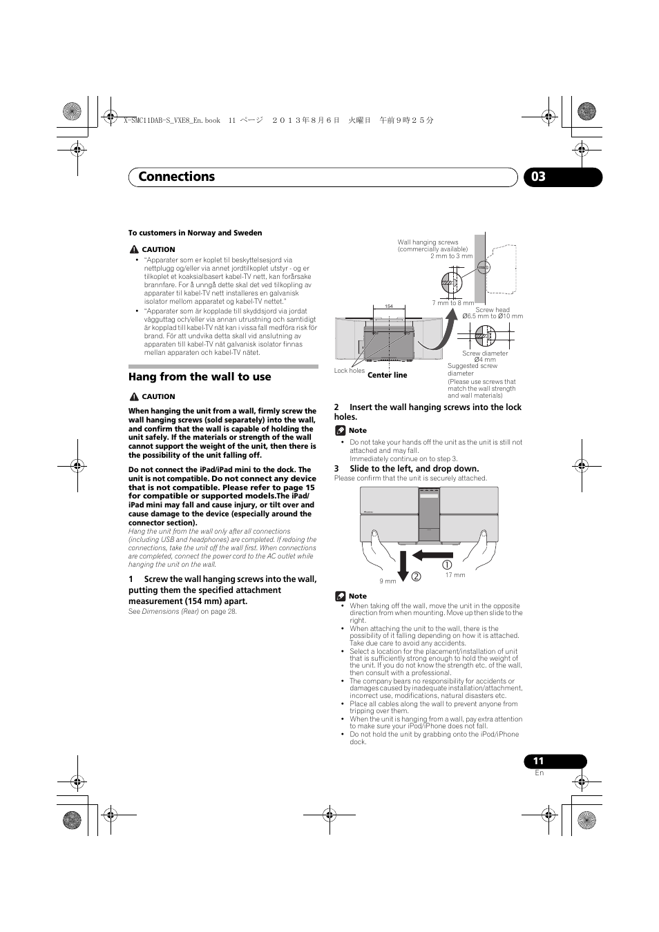 Hang from the wall to use, Connections 03 | Pioneer X-SMC11DAB-S User Manual | Page 11 / 32