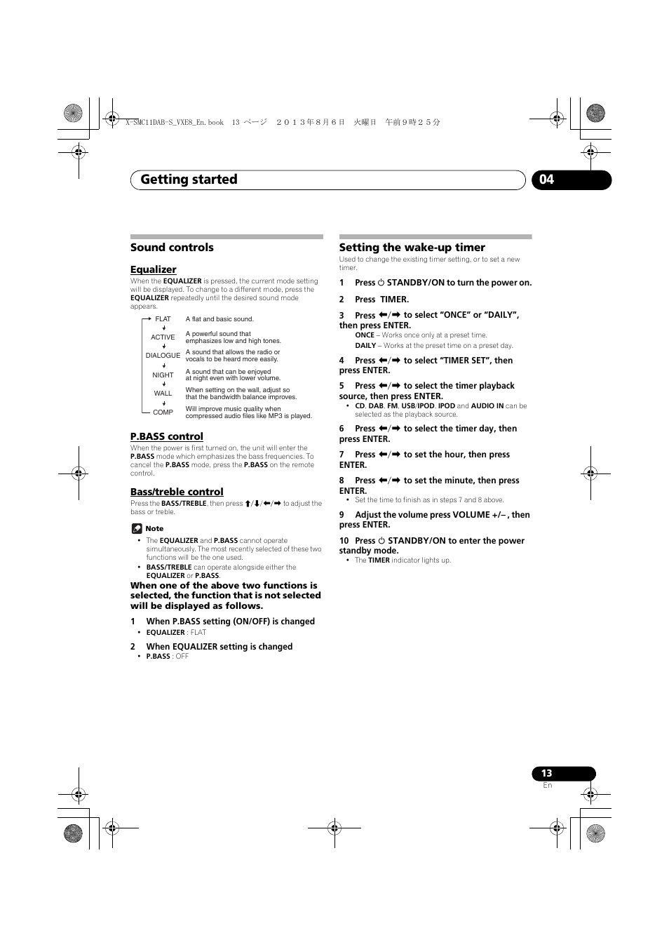 Sound controls, Equalizer, P.bass control | Bass/treble control, Setting the wake-up timer, Getting started 04 | Pioneer X-SMC11DAB-S User Manual | Page 13 / 32
