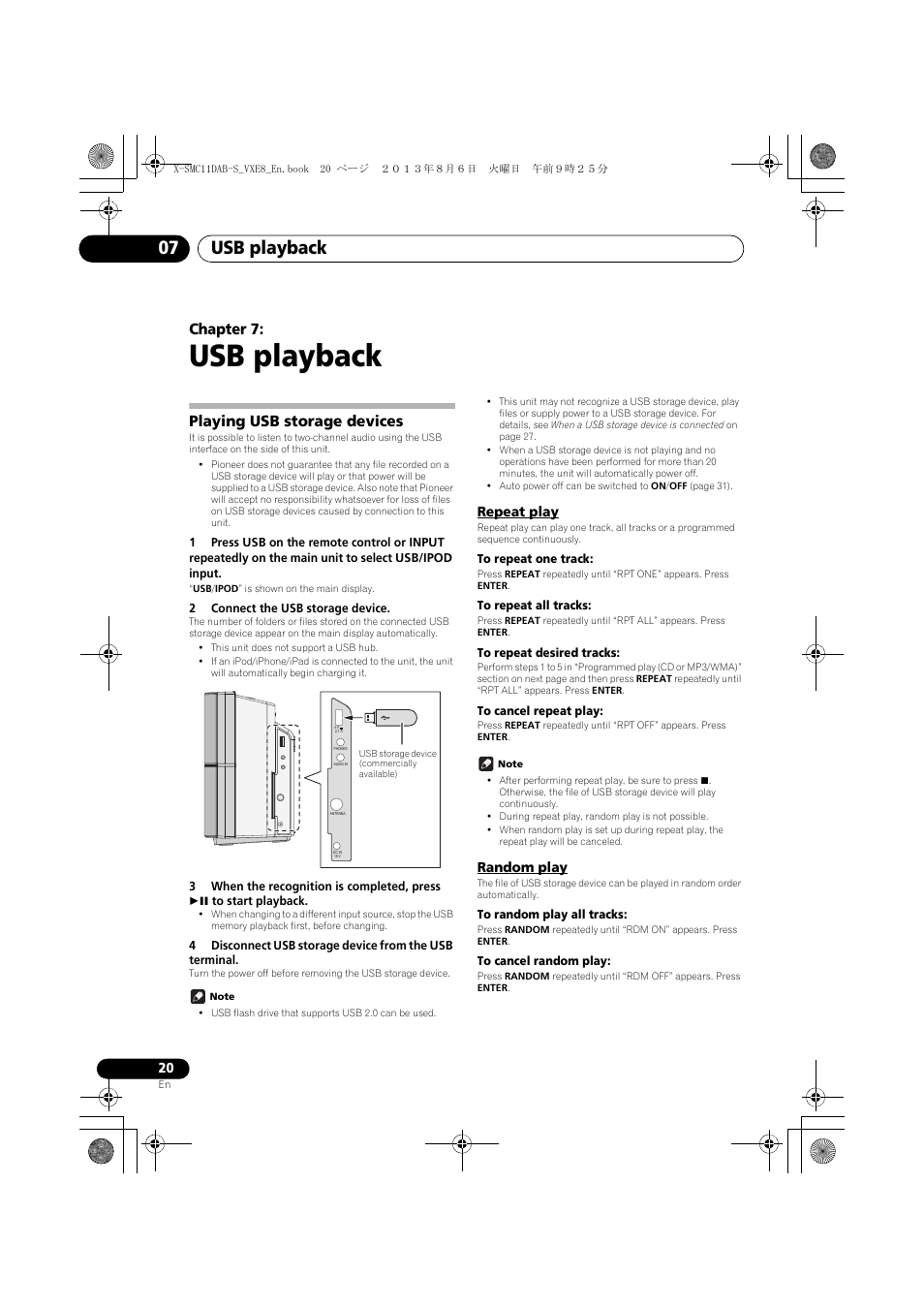 07 usb playback, Playing usb storage devices, Repeat play | Random play, Usb playback, Usb playback 07, Chapter 7 | Pioneer X-SMC11DAB-S User Manual | Page 20 / 32