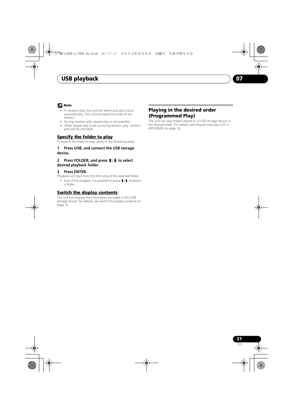 Specify the folder to play, Switch the display contents, Playing in the desired order (programmed play) | Usb playback 07 | Pioneer X-SMC11DAB-S User Manual | Page 21 / 32