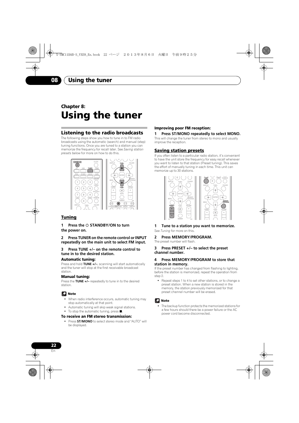 08 using the tuner, Listening to the radio broadcasts, Tuning | Saving station presets, Using the tuner, Using the tuner 08, Chapter 8, Manual tuning | Pioneer X-SMC11DAB-S User Manual | Page 22 / 32