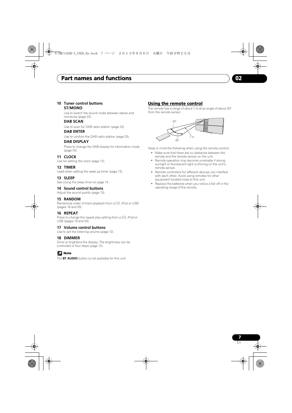 Using the remote control, Part names and functions 02 | Pioneer X-SMC11DAB-S User Manual | Page 7 / 32