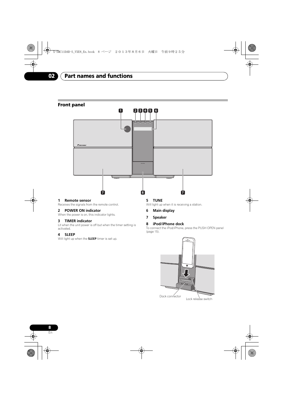Front panel, Part names and functions 02 | Pioneer X-SMC11DAB-S User Manual | Page 8 / 32
