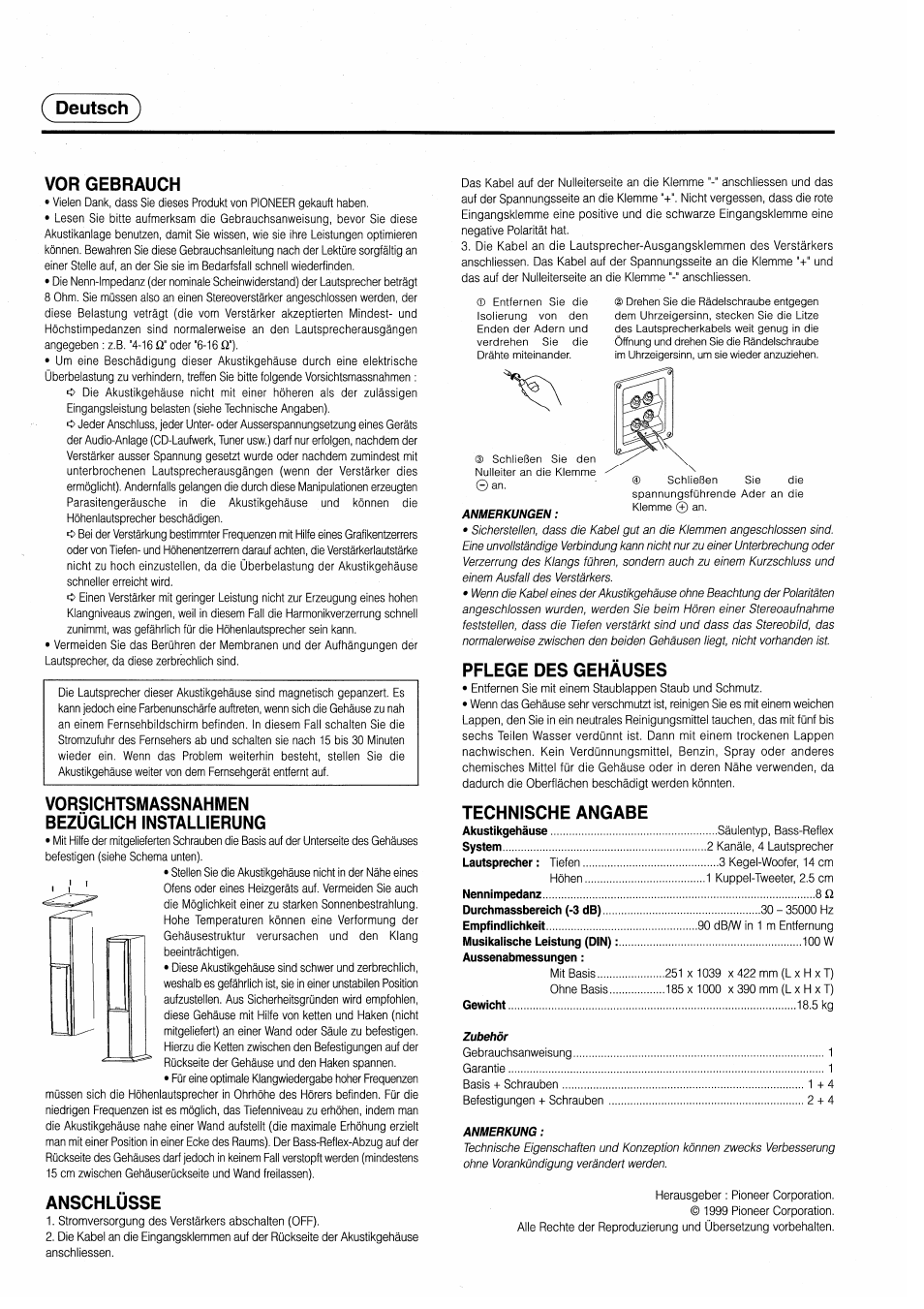 Deutsch, Vor gebrauch, Vorsichtsmassnahmen bezüglich installierung | Anschlüsse, Pflege des gehäuses, Technische angabe, Deutsch^ vor gebrauch | Pioneer S-H509V User Manual | Page 2 / 8