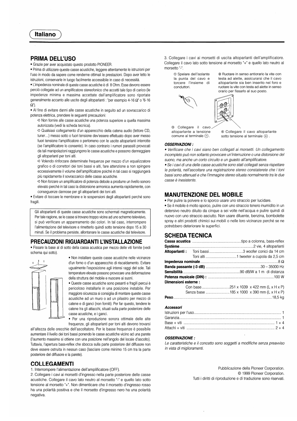 Italiano '), Prima dell’uso, Precauzioni riguardanti l’installazione | Collegamenti, Manutenzione del mobile, Scheda tecnica, Italiano | Pioneer S-H509V User Manual | Page 3 / 8