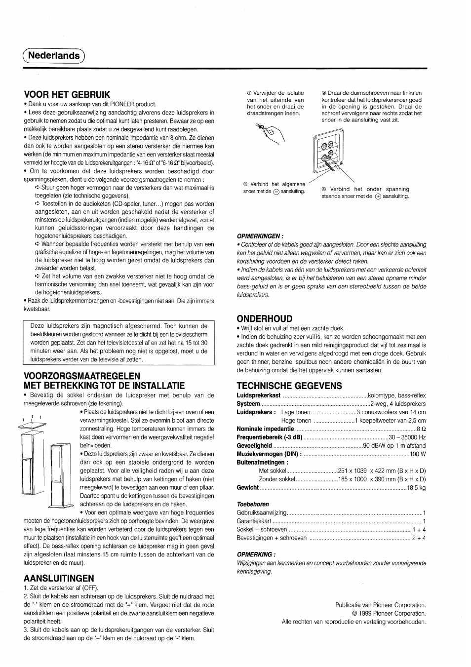 Nederlands, Voor нет gebruik, Voorzorgsmaatregelen | Met betrekkingtot de installatie, Aansluitingen, Onderhoud, Technische gegevens, Nederlands^ voor нет gebruik | Pioneer S-H509V User Manual | Page 4 / 8