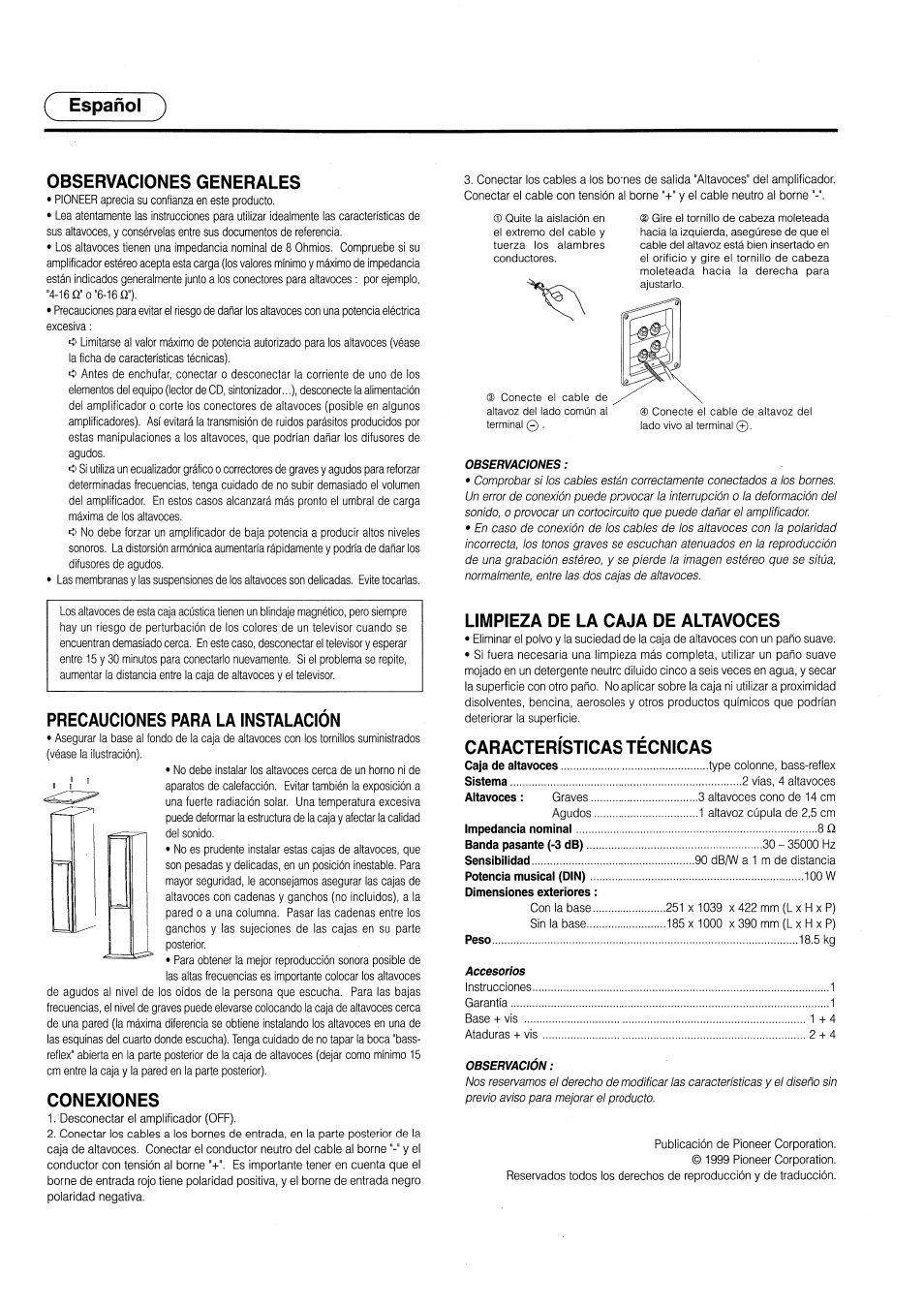 Español '), Observaciones generales, Precauciones para u instalacion | Conexiones, Limpieza de la caja de altavoces, Características técnicas, Español | Pioneer S-H509V User Manual | Page 6 / 8