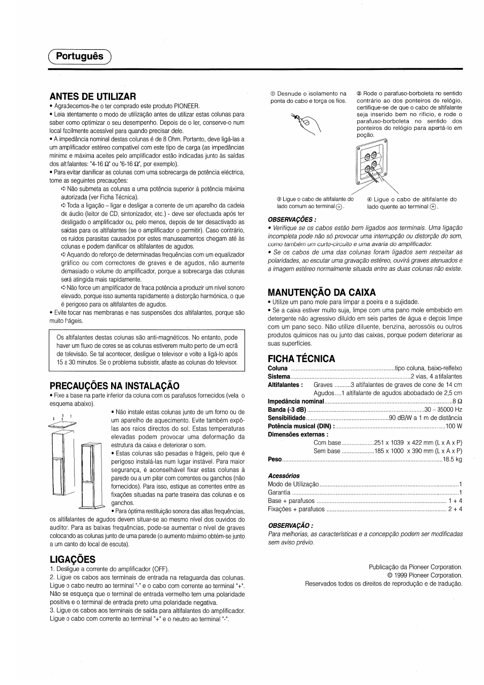 Portugués '), Antes de utilizar, Precauçôes na instalaçâo | Ligaçôes, Manutençâo da caixa, Ficha técnica, Portugués | Pioneer S-H509V User Manual | Page 7 / 8