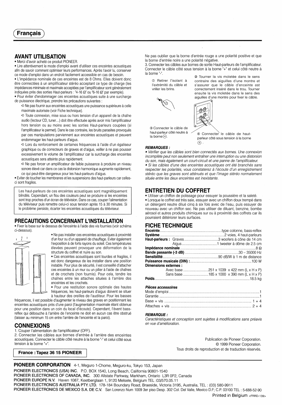 Français), Avant utilisation, Precautions concernant l'installation | Connexions, Entretien du coffret, Fiche technique, Pioneer corporation | Pioneer S-H509V User Manual | Page 8 / 8