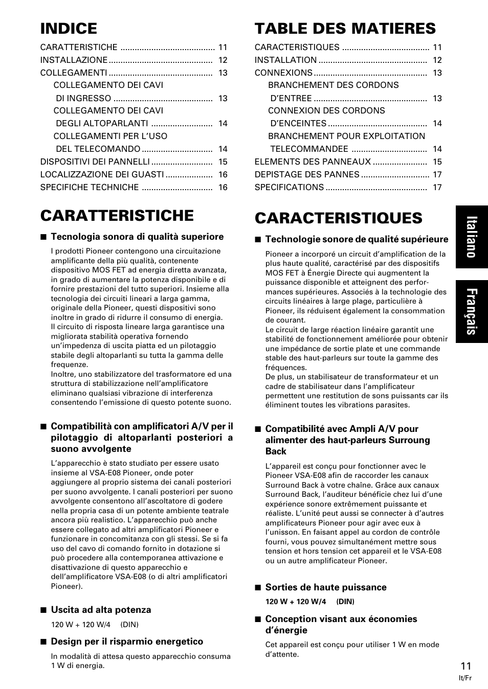 Caratteristiche, Indice, Table des matieres | Caracteristiques, Français italiano | Pioneer M-10X User Manual | Page 11 / 36