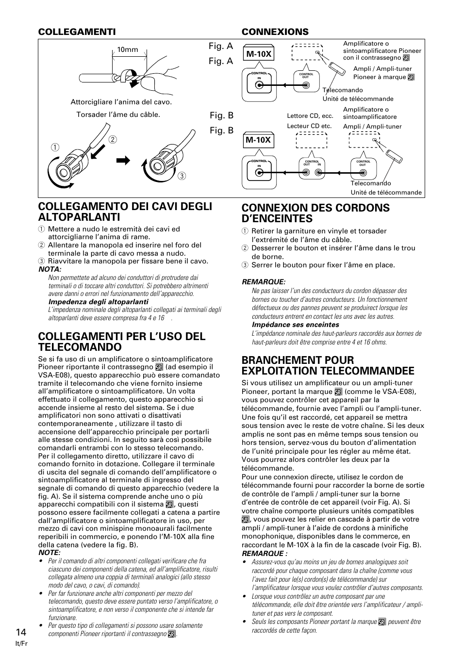 Collegamento dei cavi, Degli altoparlanti, Collegamenti per l’uso | Del telecomando, Connexion des cordons, D’enceintes, Branchement pour exploitation, Telecommandee, Collegamento dei cavi degli altoparlanti, Collegamenti per l’uso del telecomando | Pioneer M-10X User Manual | Page 14 / 36