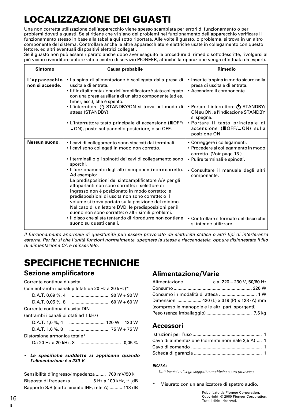 Localizzazione dei guasti, Specifiche techniche, Sezione amplificatore | Alimentazione/varie, Accessori | Pioneer M-10X User Manual | Page 16 / 36