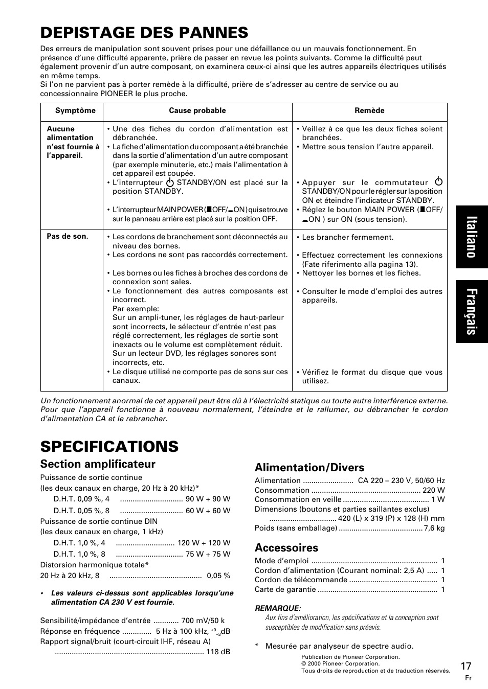 Depistage des pannes, Specifications, Français italiano | Alimentation/divers, Accessoires | Pioneer M-10X User Manual | Page 17 / 36