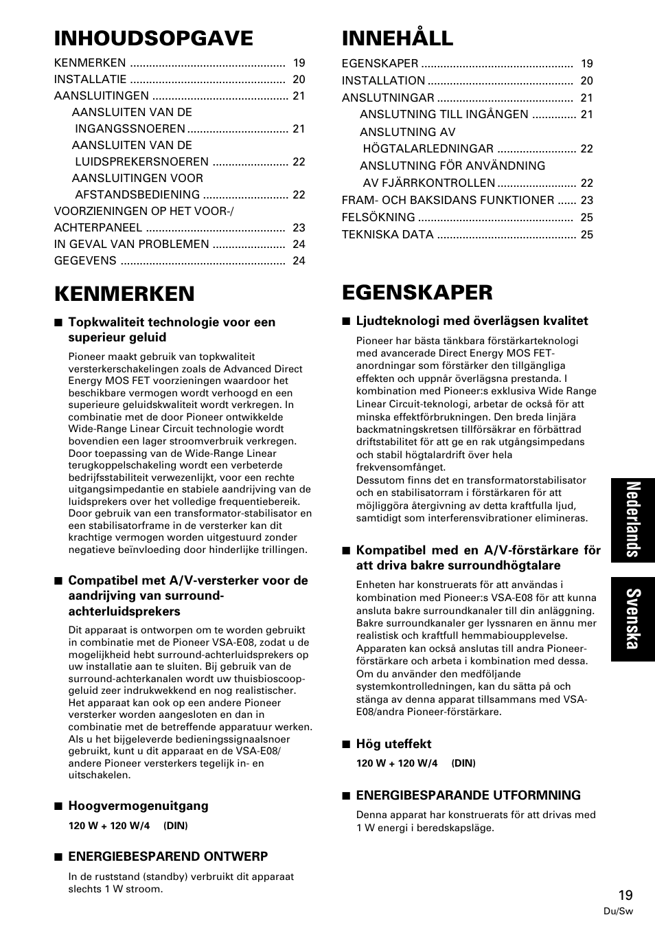 Kenmerken, Inhoudsopgave, Egenskaper | Innehåll, Nederlands svenska | Pioneer M-10X User Manual | Page 19 / 36