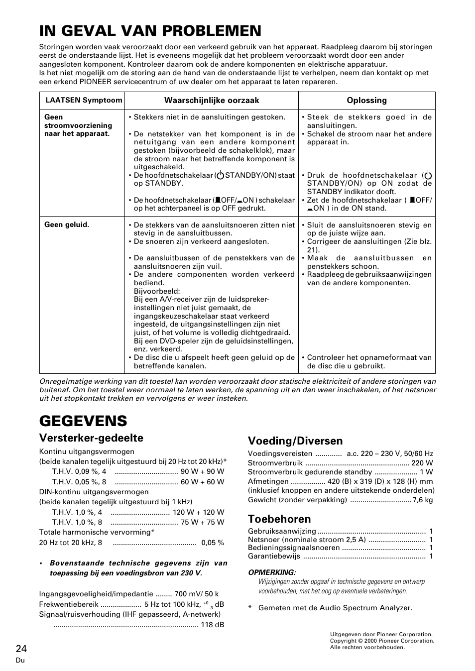 In geval van problemen, Gegevens, Versterker-gedeelte | Voeding/diversen, Toebehoren | Pioneer M-10X User Manual | Page 24 / 36