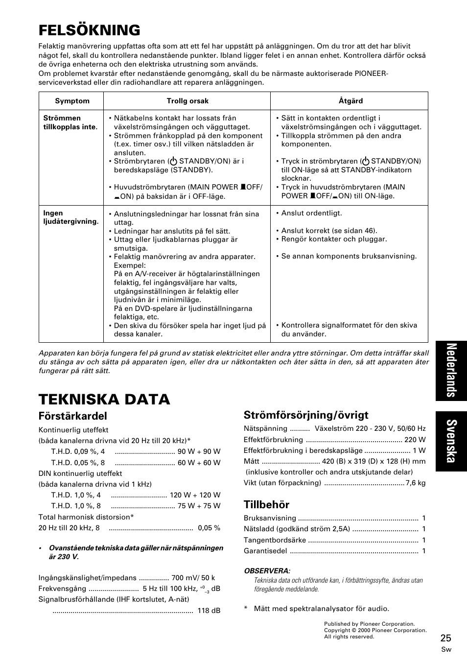 Felsökning, Tekniska data, Nederlands svenska | Förstärkardel, Strömförsörjning/övrigt, Tillbehör | Pioneer M-10X User Manual | Page 25 / 36