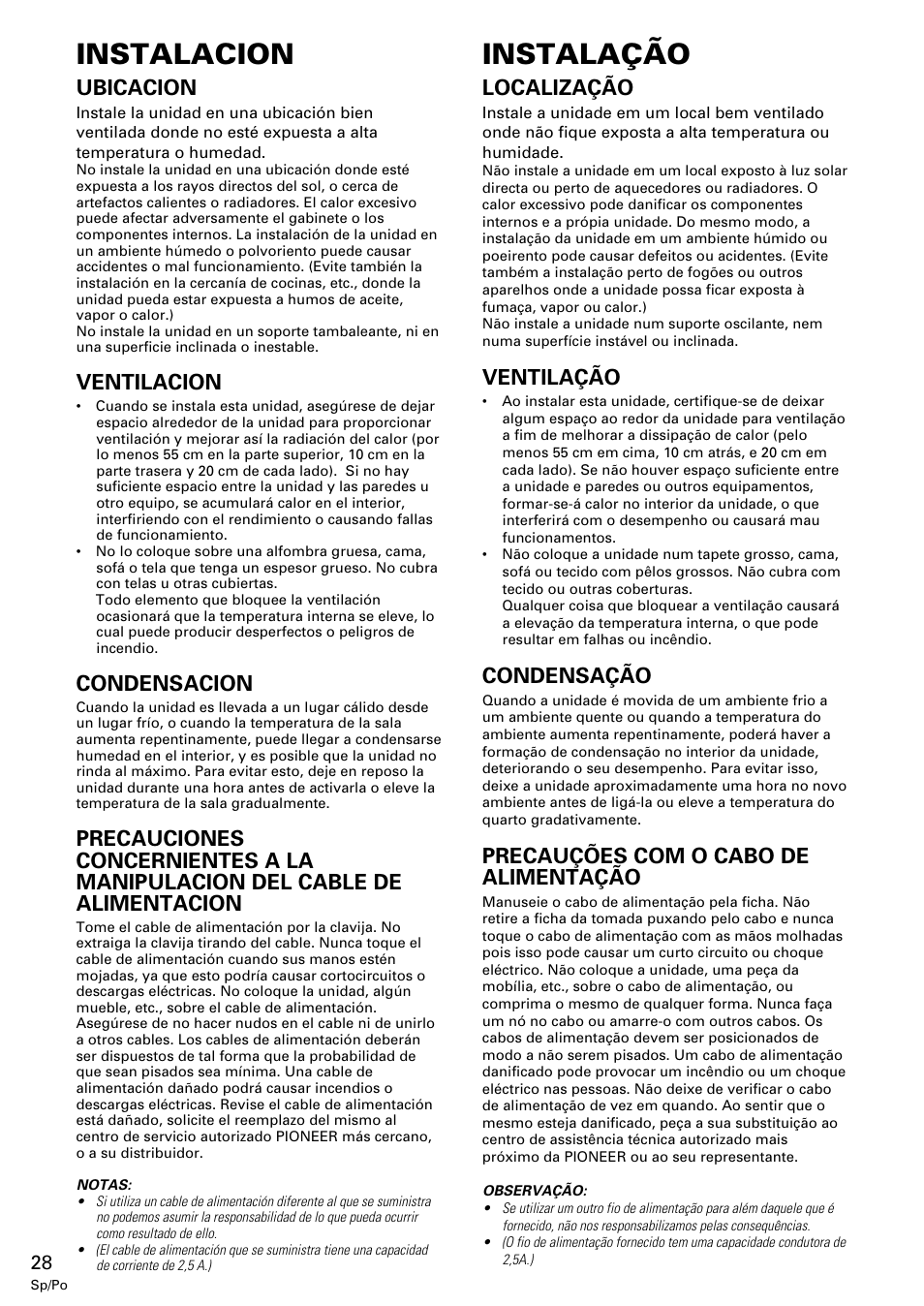 Instalacion, Instalação, Ubicacion | Ventilacion, Condensacion, Localização, Ventilação, Condensação, Precauções com o cabo de alimentação | Pioneer M-10X User Manual | Page 28 / 36