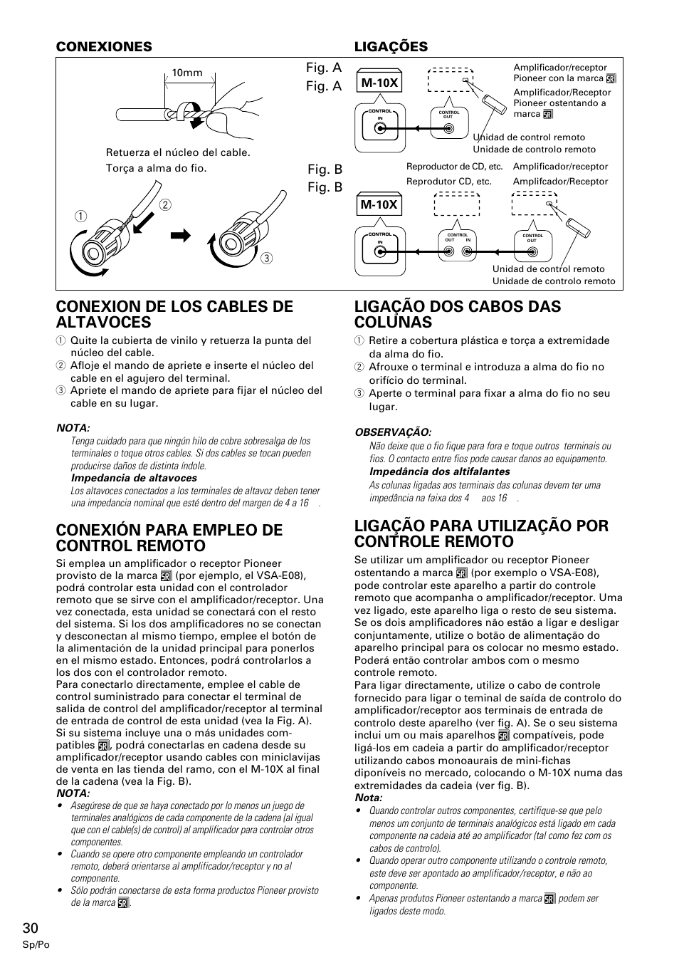 Conexion de los cables, De altavoces, Conexión para empleo | De control remoto, Ligação dos cabos das colunas, Ligação para utilização, Por controle remoto, Conexion de los cables de altavoces, Conexión para empleo de control remoto, Ligação para utilização por controle remoto | Pioneer M-10X User Manual | Page 30 / 36