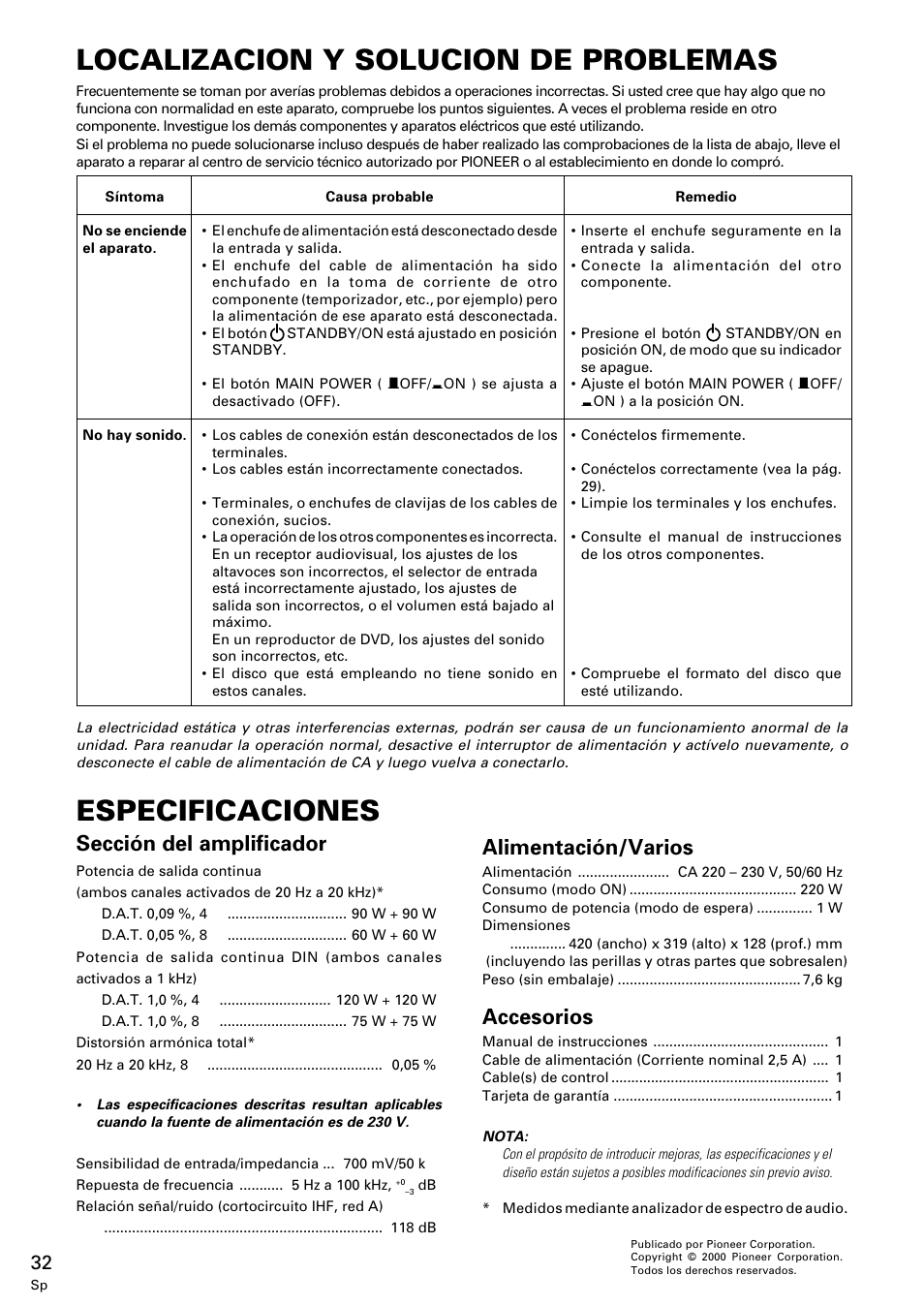 Localizacion y solucion, De problemas, Especificaciones | Localizacion y solucion de problemas, Sección del amplificador, Alimentación/varios, Accesorios | Pioneer M-10X User Manual | Page 32 / 36