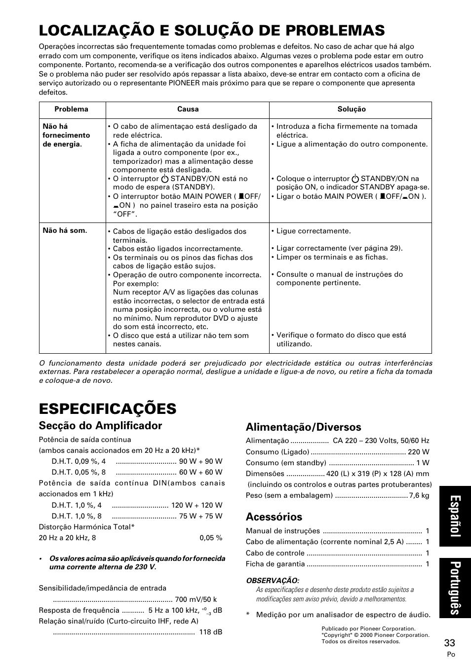 Localização e solução, De problemas, Especificações | Localização e solução de problemas, Español português, Secção do amplificador, Alimentação/diversos, Acessórios | Pioneer M-10X User Manual | Page 33 / 36
