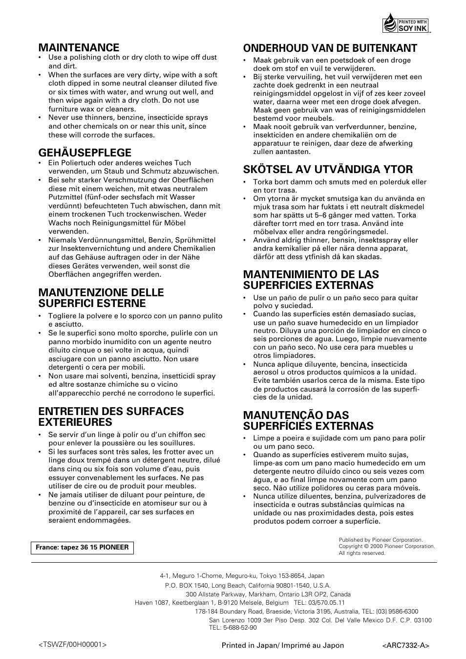 Maintenance, Gehäusepflege, Manutenzione delle superfici esterne | Entretien des surfaces exterieures, Onderhoud van de buitenkant, Skötsel av utvändiga ytor, Mantenimiento de las superficies externas, Manutenção das superfícies externas, Pioneer corporation | Pioneer M-10X User Manual | Page 36 / 36