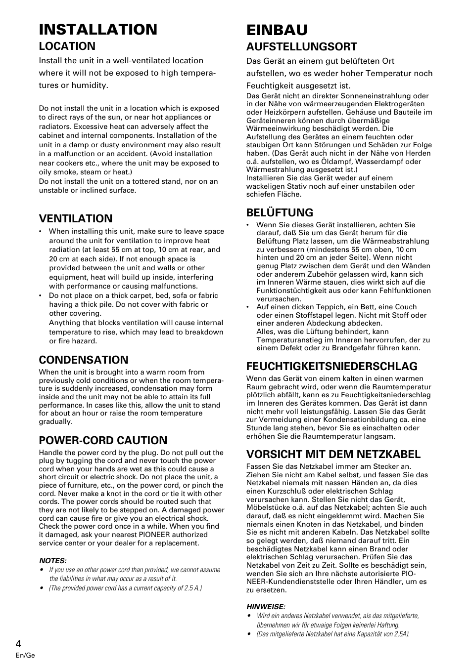 Installation, Einbau, Location | Ventilation, Condensation, Power-cord caution, Aufstellungsort, Belüftung, Feuchtigkeitsniederschlag, Vorsicht mit dem netzkabel | Pioneer M-10X User Manual | Page 4 / 36