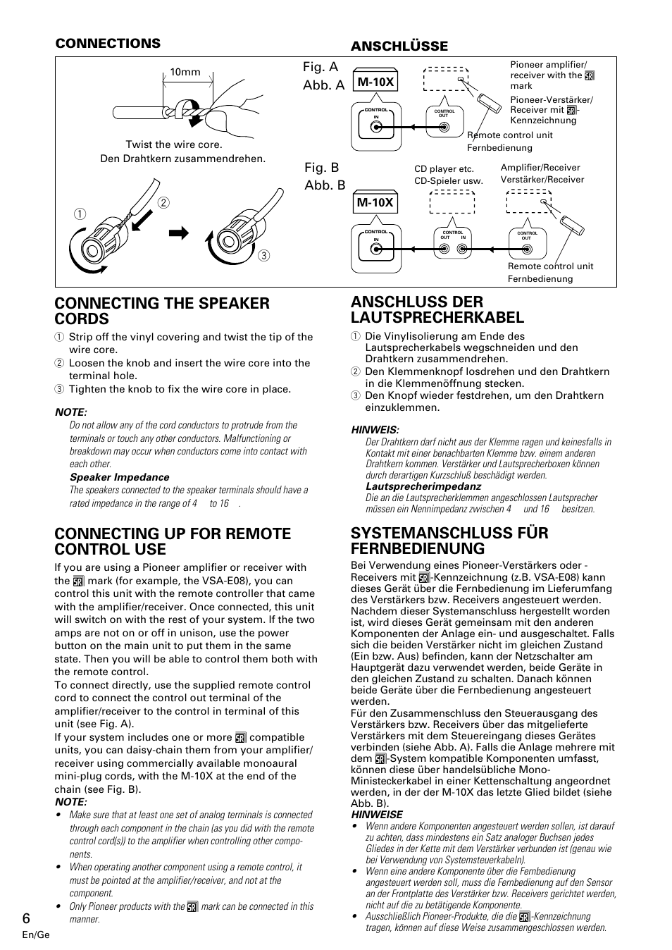 Connecting the speaker cords, Connecting up for remote control use, Anschluss der lautsprecherkabel | Systemanschluss für fernbedienung, Connections, Fig. a abb. a fig. b abb. b, Anschlüsse | Pioneer M-10X User Manual | Page 6 / 36