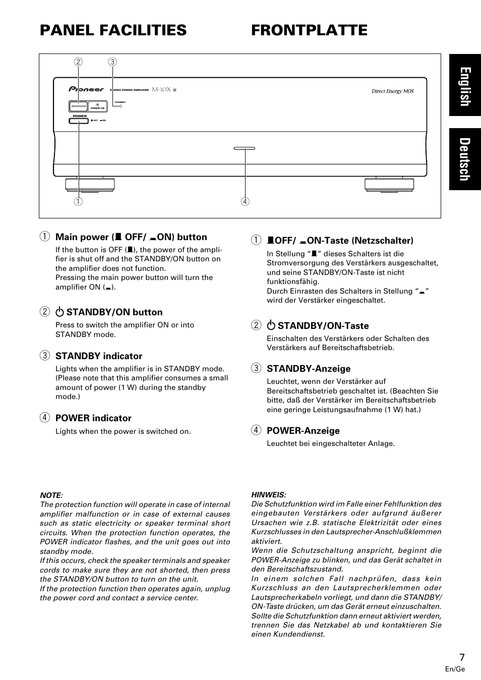 Panel facilities, Frontplatte, Deutsch english | Pioneer M-10X User Manual | Page 7 / 36