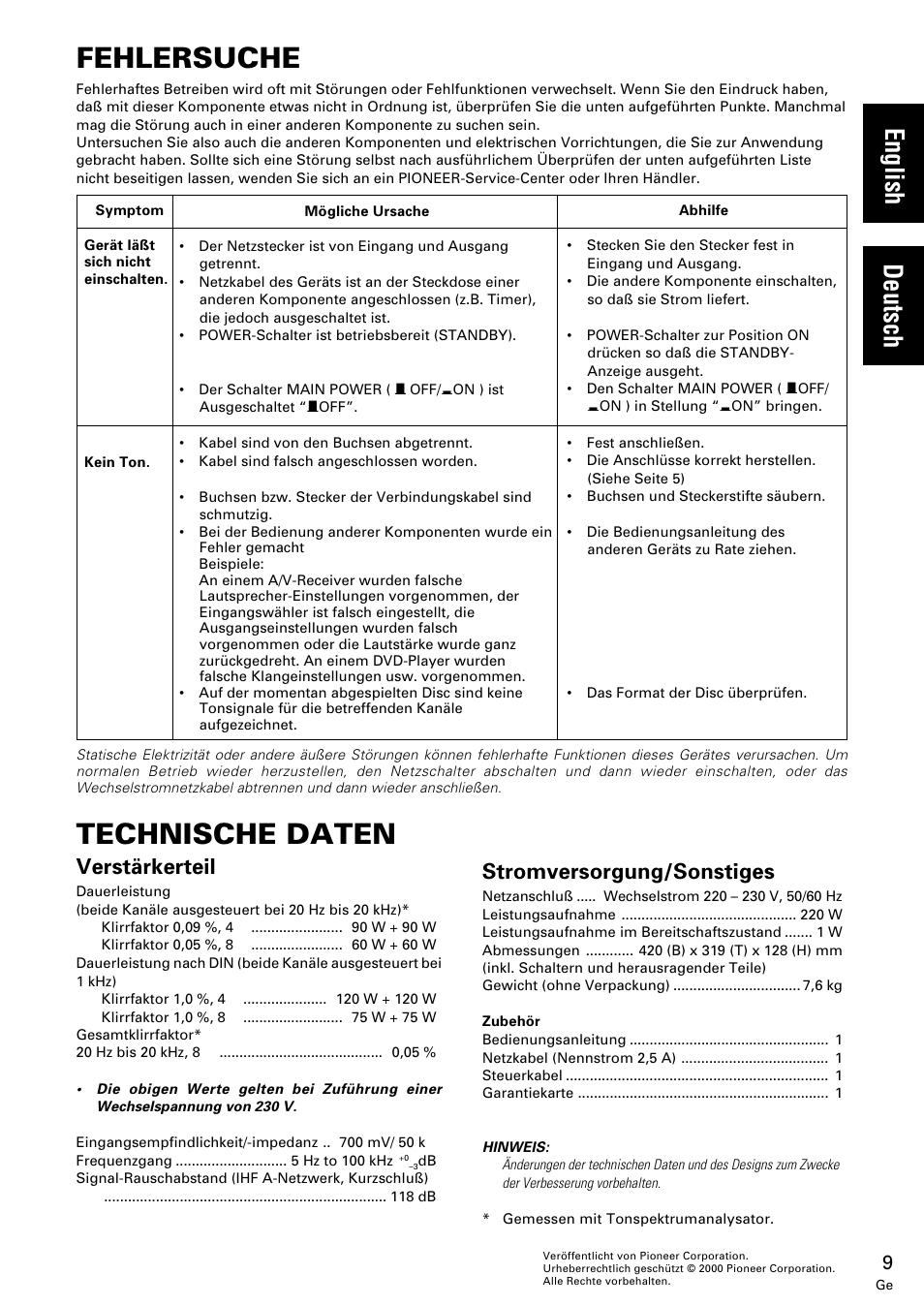 Fehlersuche, Technische daten, Deutsch english | Verstärkerteil, Stromversorgung/sonstiges | Pioneer M-10X User Manual | Page 9 / 36