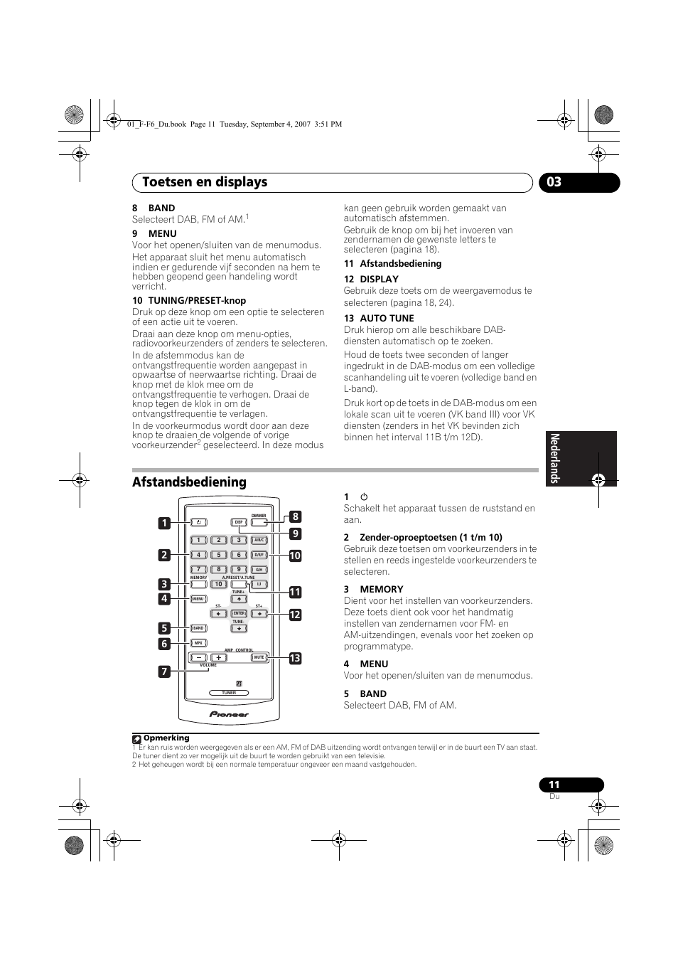Afstandsbediening, Toetsen en displays 03 | Pioneer F-F6-J User Manual | Page 101 / 182