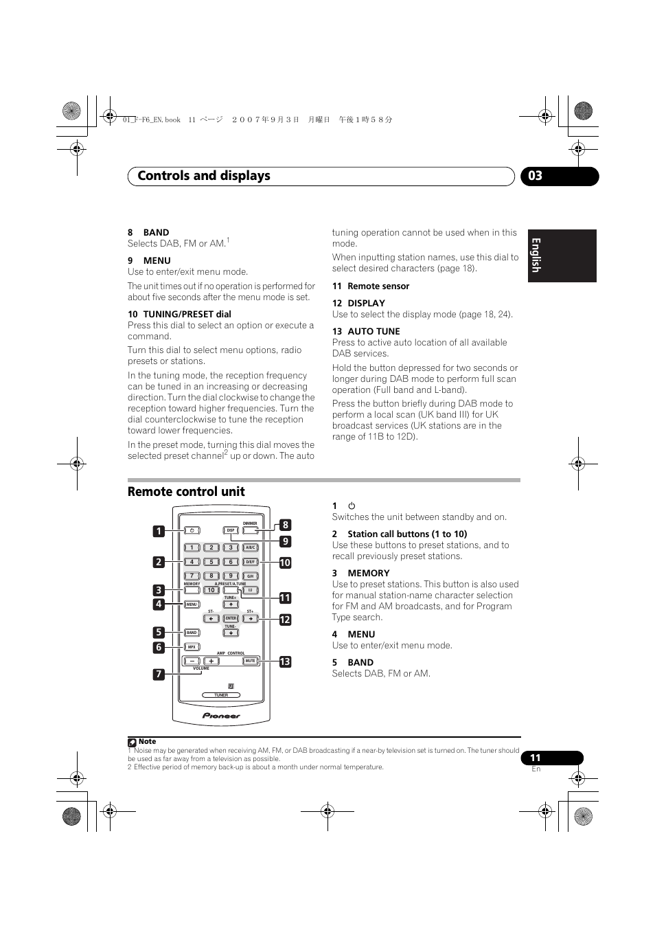 Remote control unit, Controls and displays 03 | Pioneer F-F6-J User Manual | Page 11 / 182