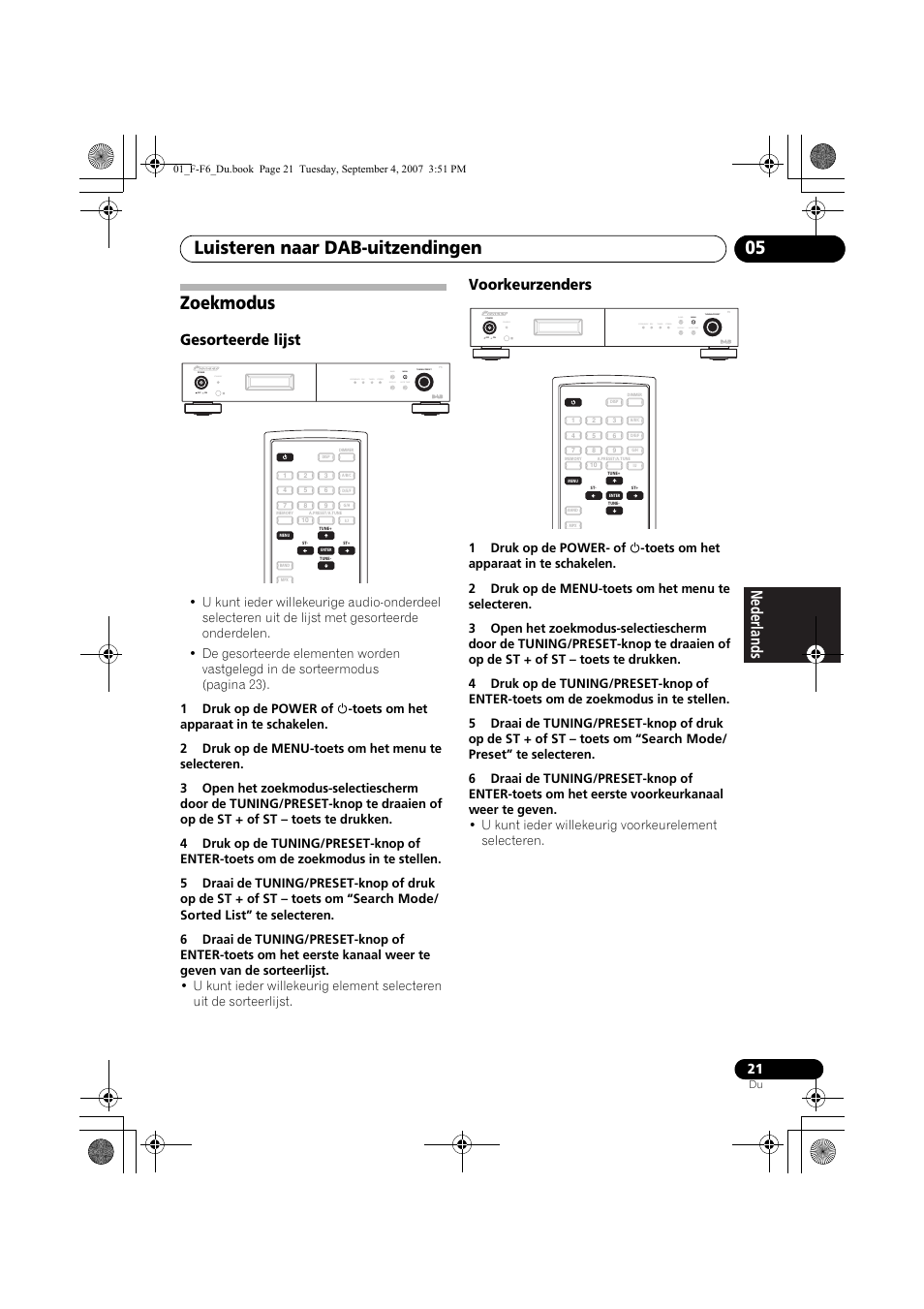 Zoekmodus, Luisteren naar dab-uitzendingen 05, Gesorteerde lijst | Voorkeurzenders, Standby | Pioneer F-F6-J User Manual | Page 111 / 182