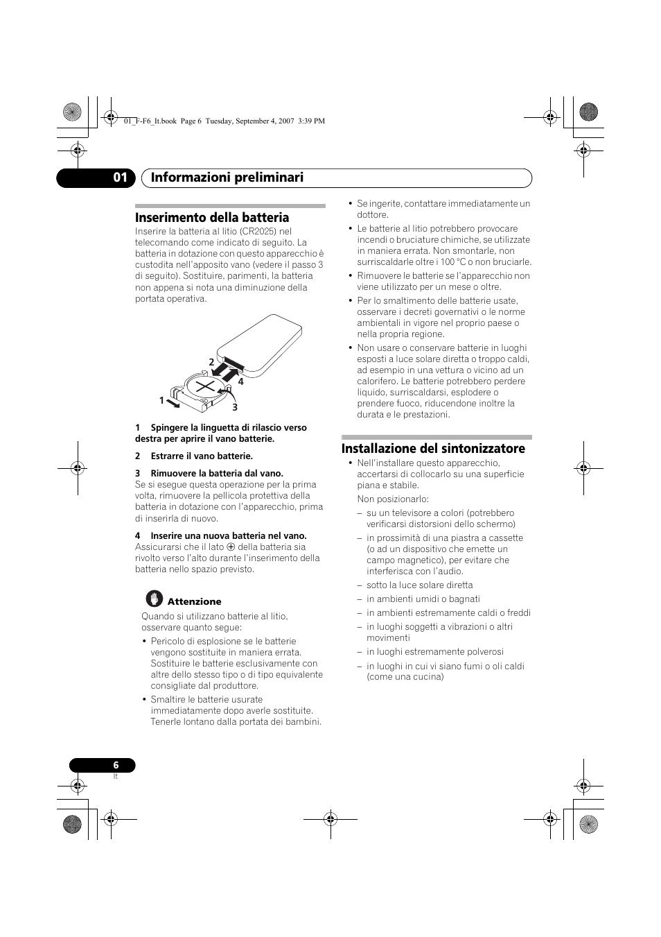 Inserimento della batteria, Installazione del sintonizzatore, Informazioni preliminari 01 | Pioneer F-F6-J User Manual | Page 126 / 182