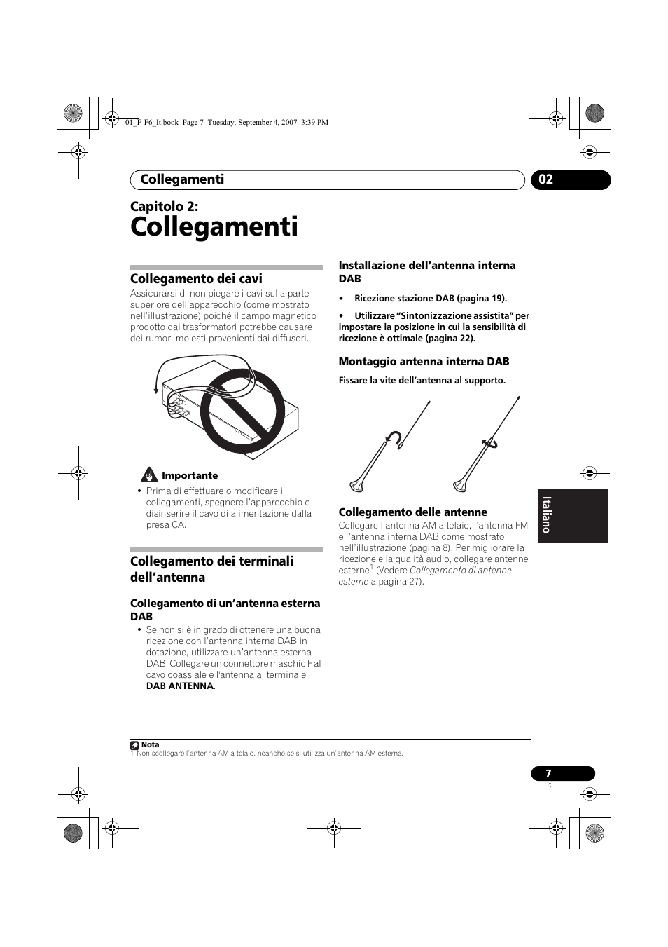 02 collegamenti, Collegamento dei cavi, Collegamento dei terminali dell’antenna | Collegamenti, Collegamenti 02, Capitolo 2 | Pioneer F-F6-J User Manual | Page 127 / 182