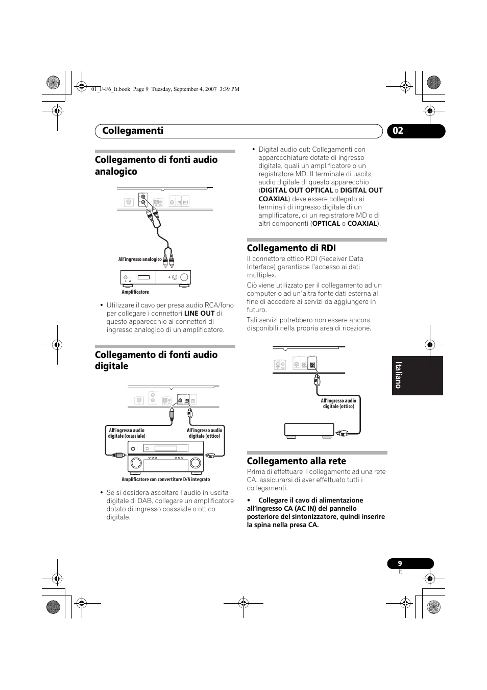 Collegamento di fonti audio analogico, Collegamento di fonti audio digitale, Collegamento di rdi | Collegamento alla rete, Collegamenti 02 | Pioneer F-F6-J User Manual | Page 129 / 182